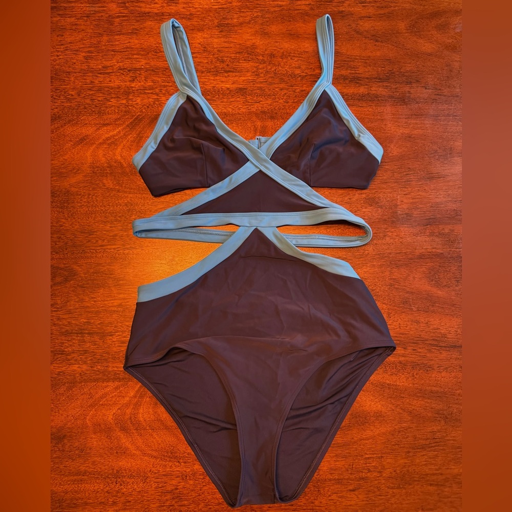 Aerie Blue & Black Cutout One Piece Swimsuit - Size XL